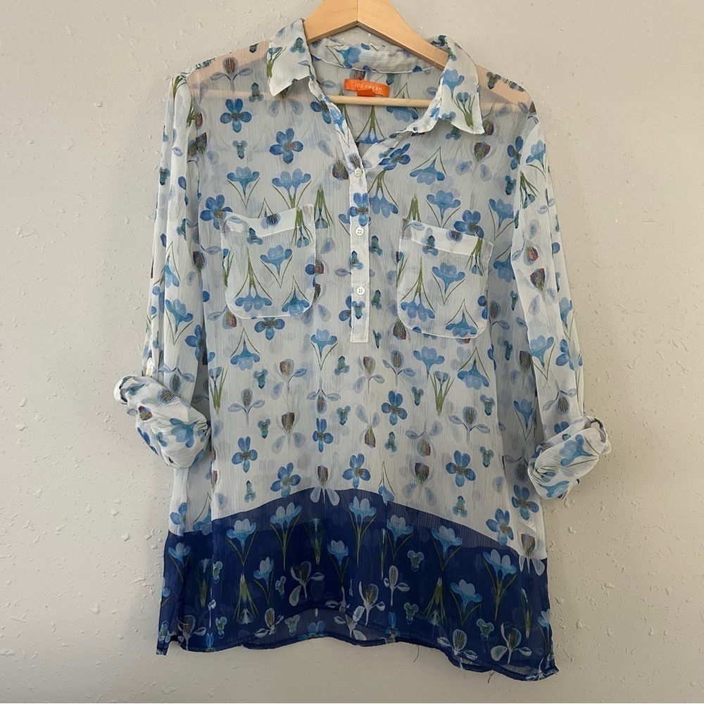 🦋 Joe Fresh White Blue Floral Lightweight Button Down Blouse Casual XL
